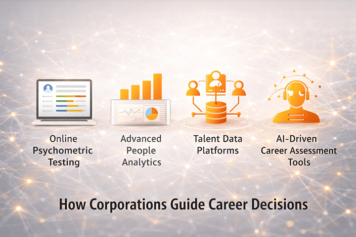 AI career assessment infographic showing how corporations use psychometric testing, people analytics, talent data platforms and AI tools to guide career choices for Irish students
