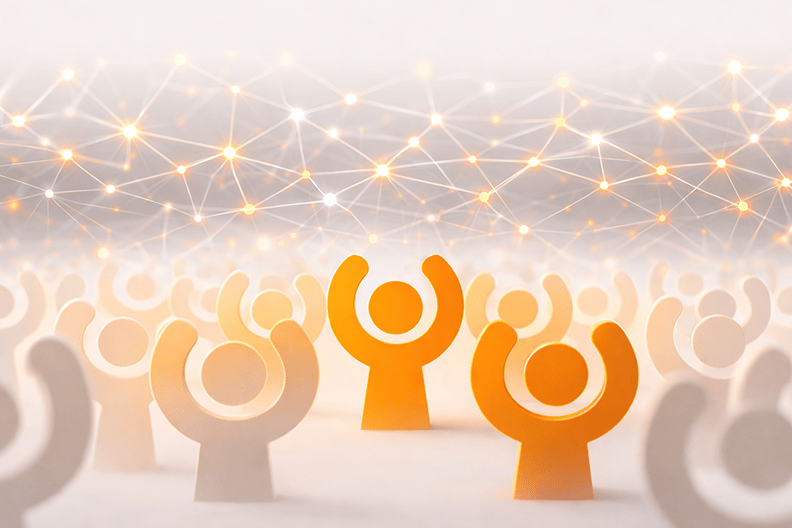 Students connected through a glowing data network representing AI-powered career guidance and strengths-based career discovery.